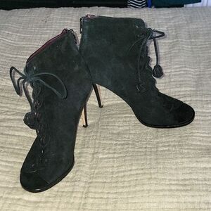EUC Coach Lena Black Suede Lace-Up Peep Toe Ankle Boots SZ 9
